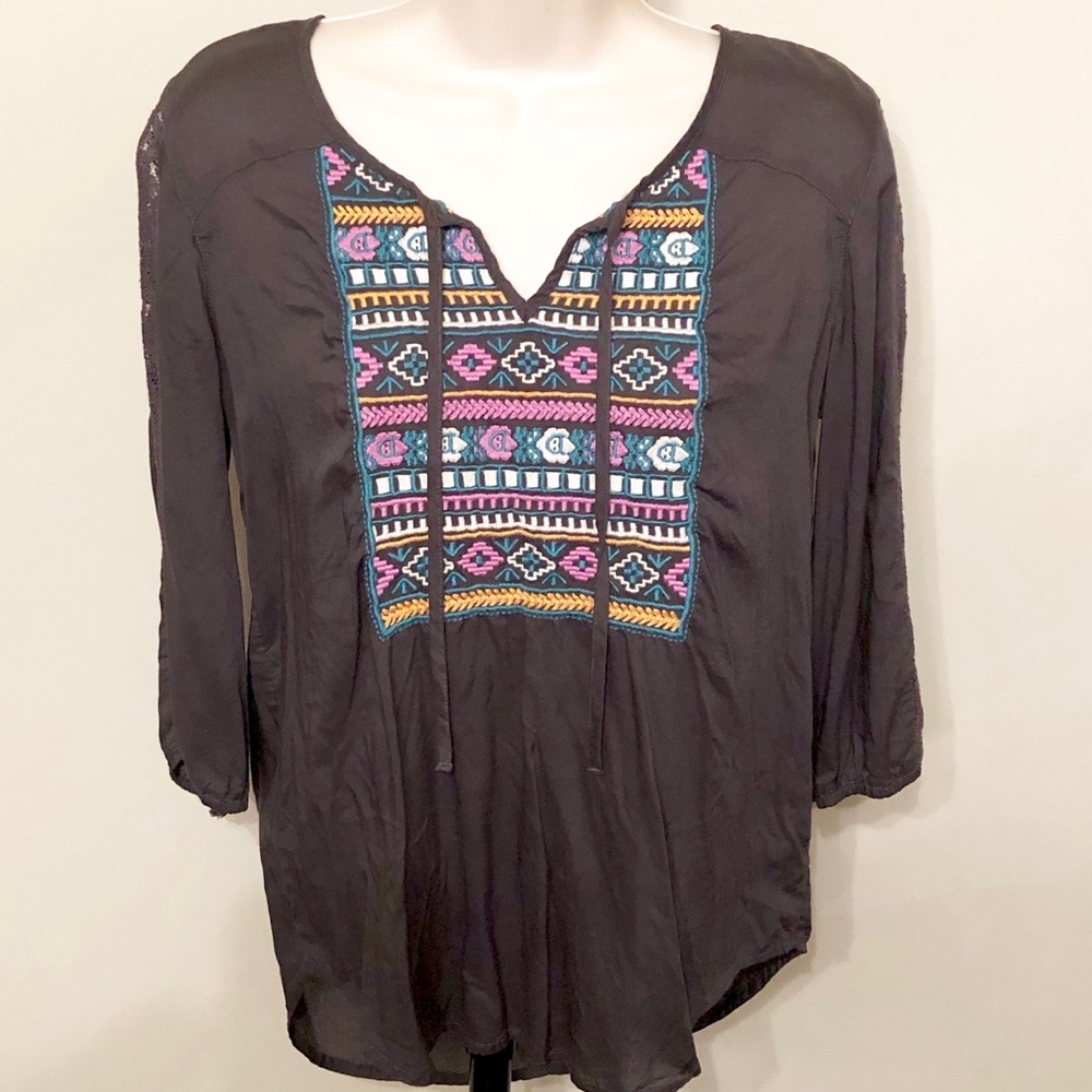 Boho Aztec Sheer Baby Doll Blouse, Printed Bib